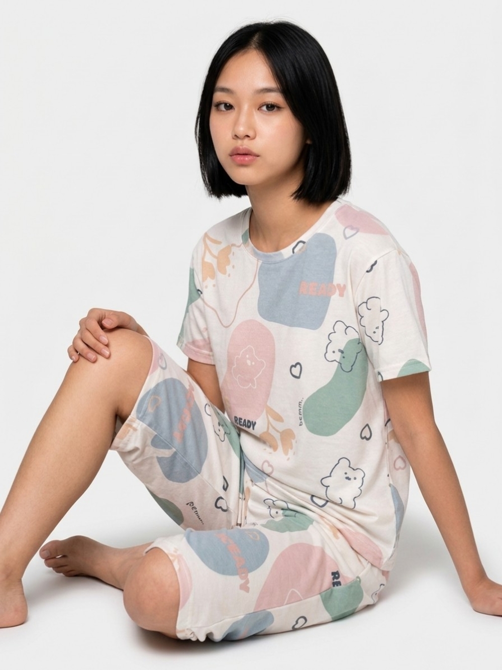 Women's Pastel Teddy Bear Print Short Sleeve Pajama Set